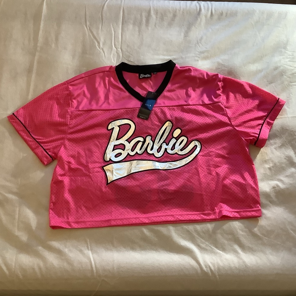 Mattel Barbie Malibu 59 Women XL Crop Jersey Pink And Black Silver Letters New